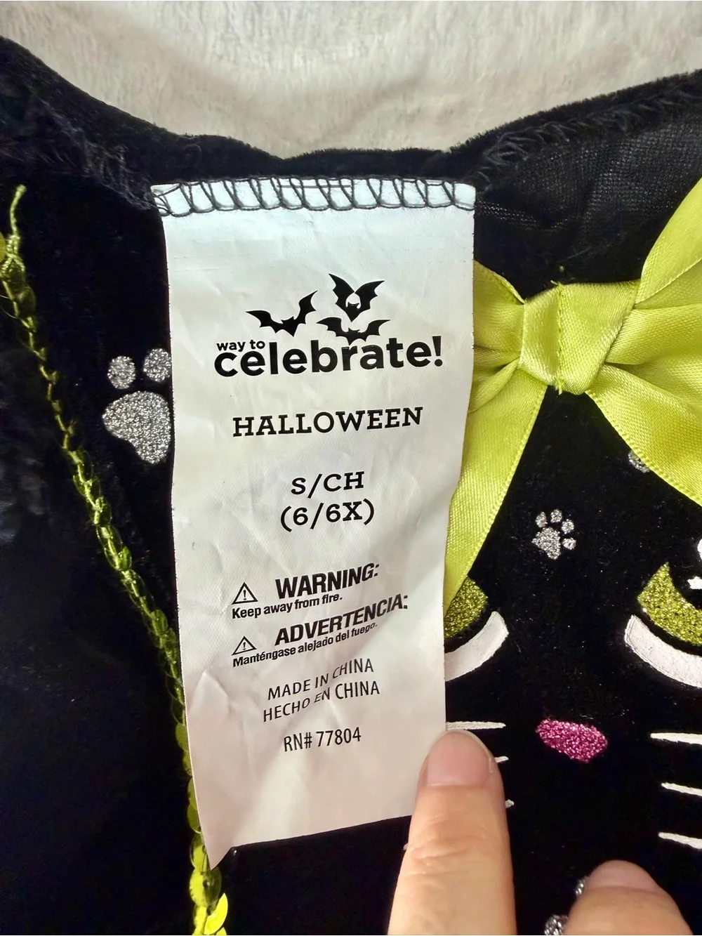 Black Cat Paw-Print Kids Halloween Costume Dress with Lime Bow Accent
